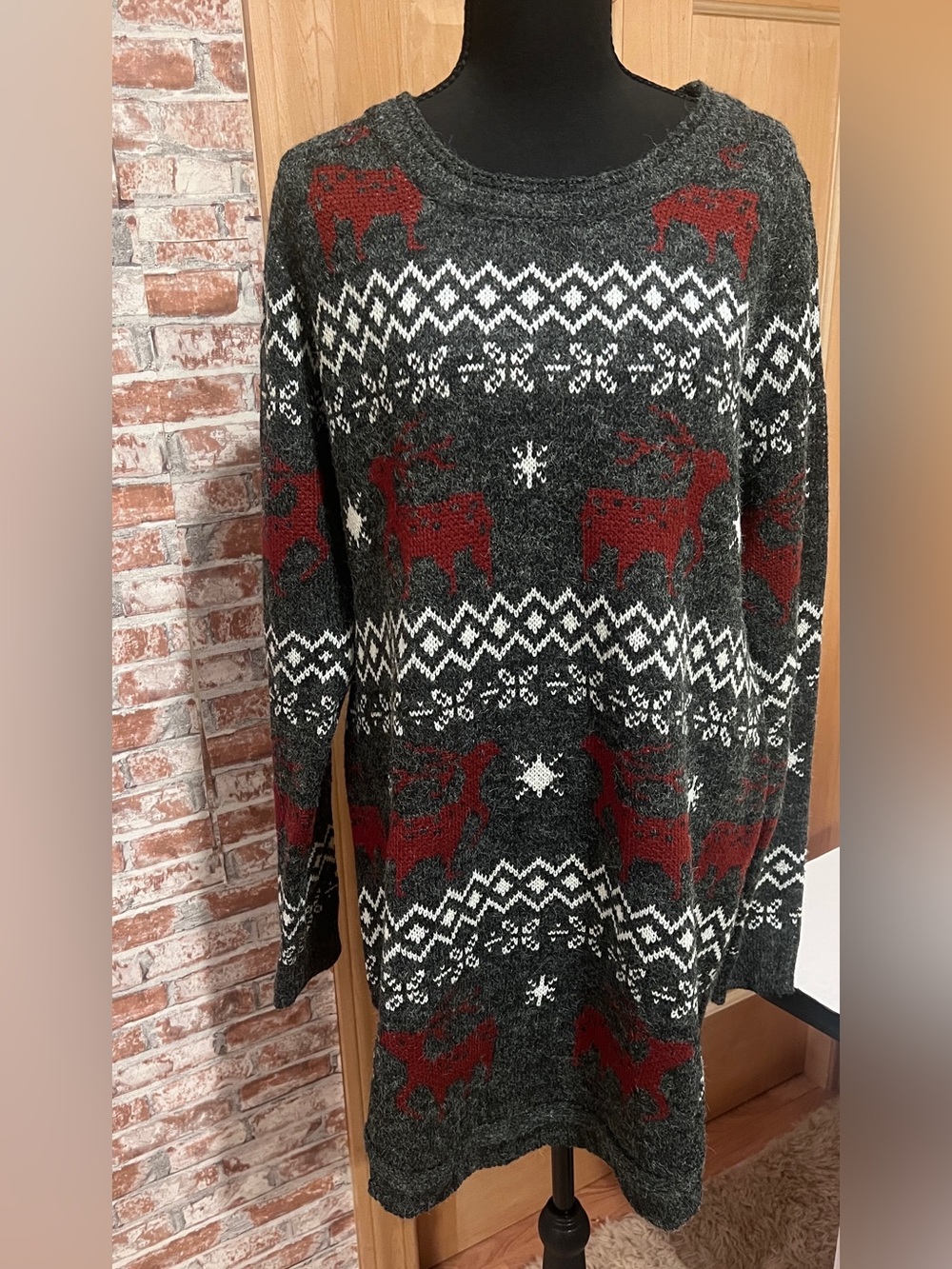 Shineflow Nordic Fair Isle Reindeer Knit Soft Tunic Sweater Winter Cabincore L